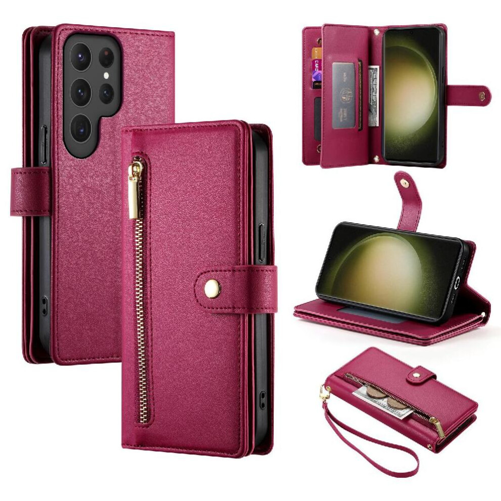 (Red) Flip Case For Samsung Galaxy S23 Ultra Wallet Compartment Wrist Strap Kickstand Multifunctional Card Slots Red 764762773489