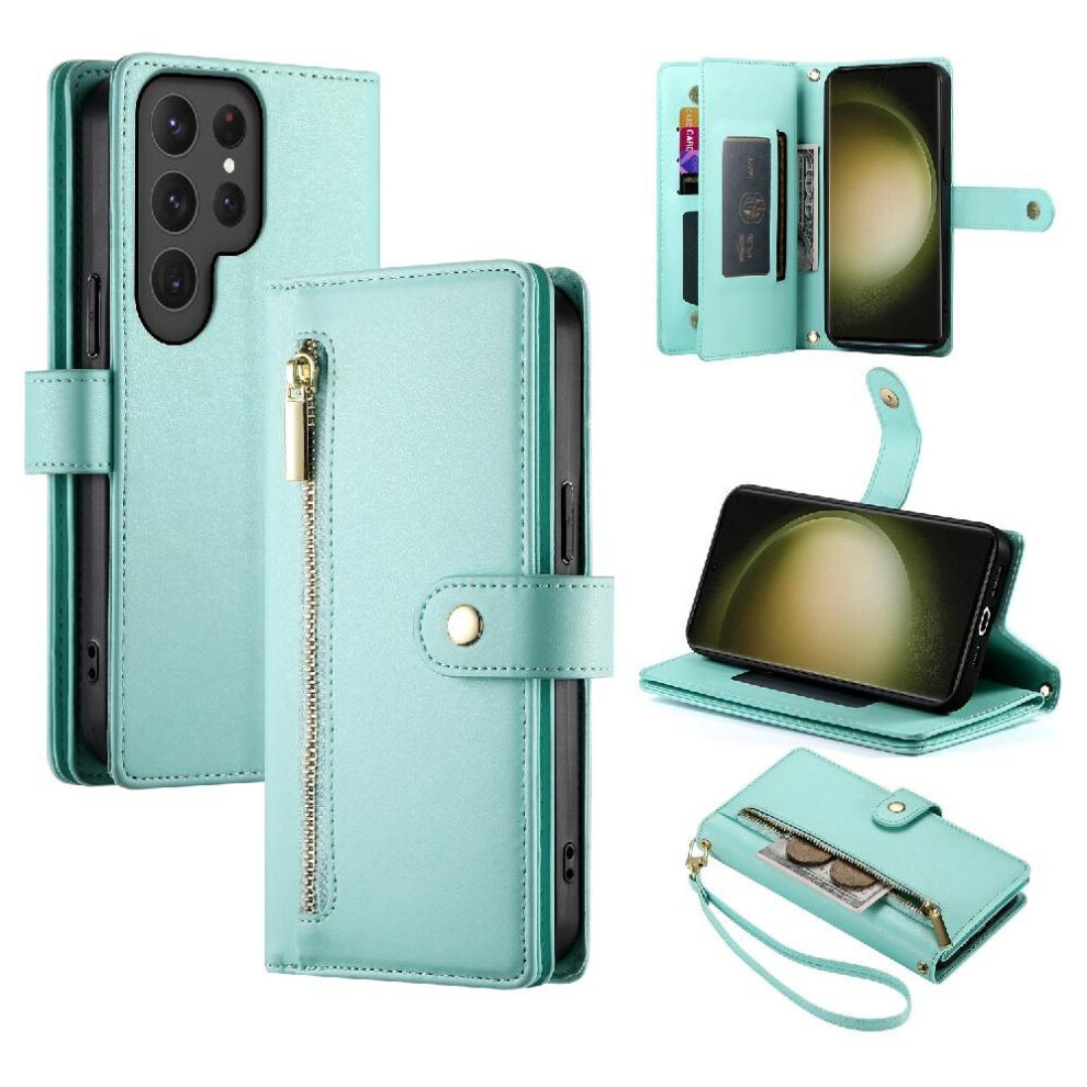 (Green) Flip Case For Samsung Galaxy S23 Ultra Wallet Compartment Wrist Strap Kickstand Multifunctional Card Slots Green 764762773502