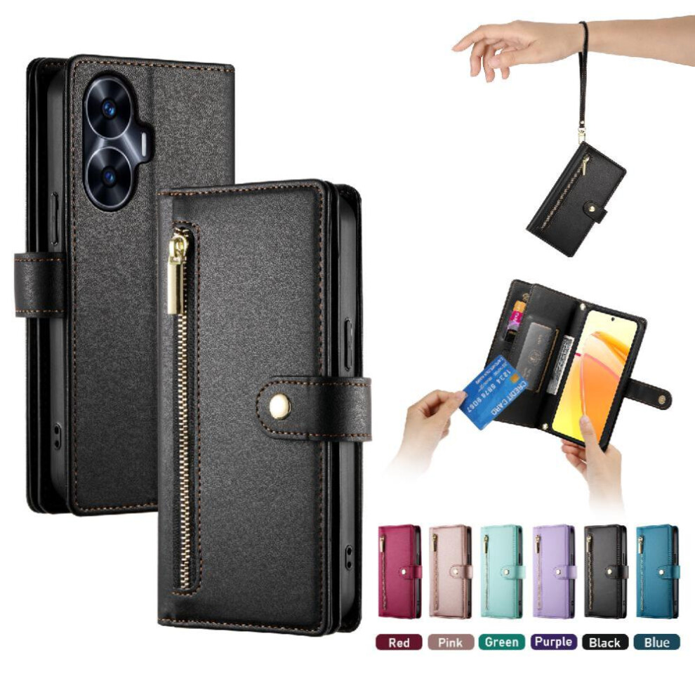 (Black) Flip Case For Realme C55 Wallet Compartment Wrist Strap Multifunctional Card Slots Kickstand Black 764762773762