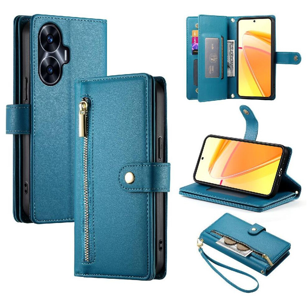 (Blue) Flip Case For Realme C55 Wallet Compartment Wrist Strap Multifunctional Card Slots Kickstand Blue 764762773779