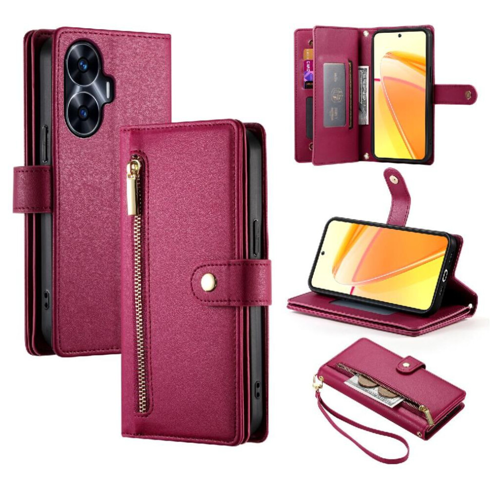(Red) Flip Case For Realme C55 Wallet Compartment Wrist Strap Multifunctional Card Slots Kickstand Red 764762773724