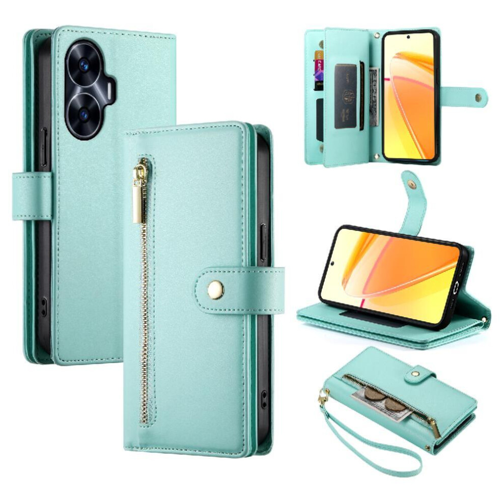(Green) Flip Case For Realme C55 Wallet Compartment Wrist Strap Multifunctional Card Slots Kickstand Green 764762773748