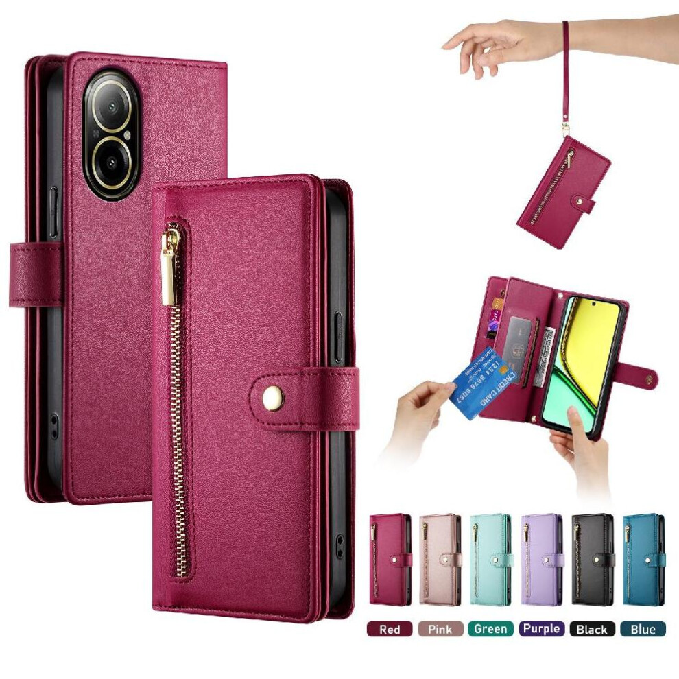 (Red) Flip Case For Realme C67 4G Wrist Strap Kickstand Multifunctional Card Slots Wallet Compartment Red 764762773847