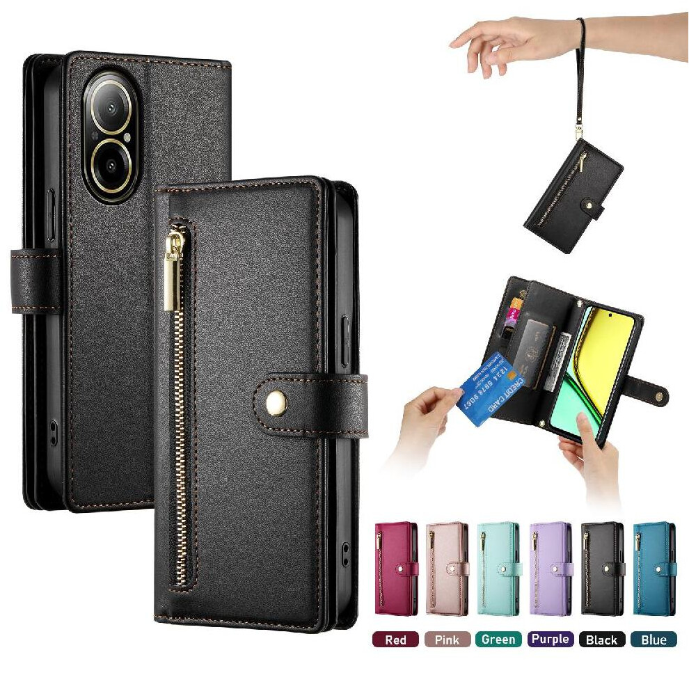 (Black) Flip Case For Realme C67 4G Wrist Strap Kickstand Multifunctional Card Slots Wallet Compartment Black 764762773885