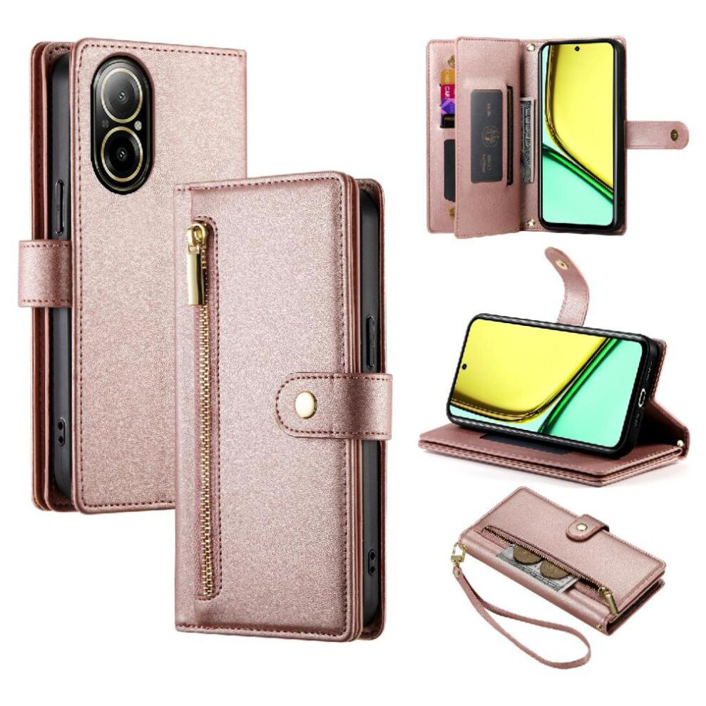 (Pink) Flip Case For Realme C67 4G Wrist Strap Kickstand Multifunctional Card Slots Wallet Compartment Pink 764762773854