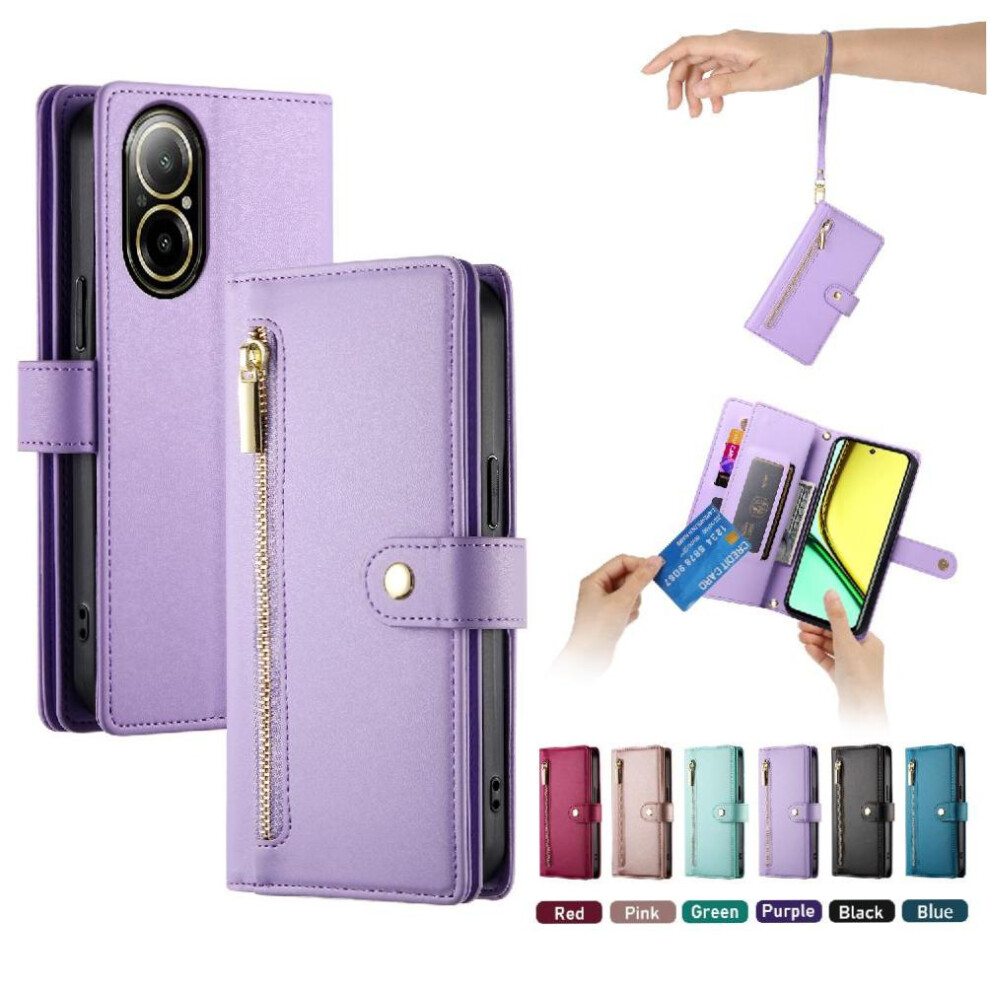 (Purple) Flip Case For Realme C67 4G Wrist Strap Kickstand Multifunctional Card Slots Wallet Compartment Purple 764762773878