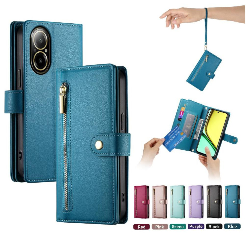 (Blue) Flip Case For Realme C67 4G Wrist Strap Kickstand Multifunctional Card Slots Wallet Compartment Blue 764762773892