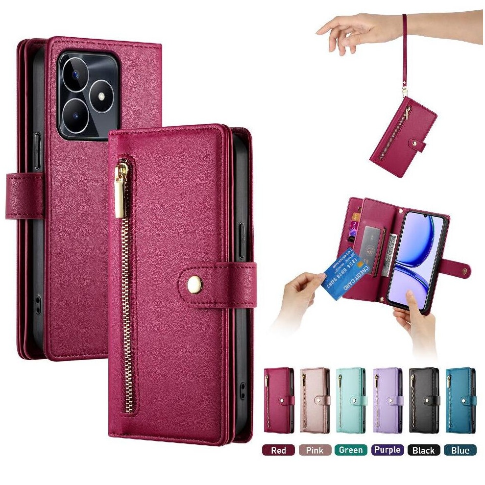 (Red) Flip Case For Realme C53 Wallet Compartment Kickstand Wrist Strap Multifunctional Card Slots Red 764762773908
