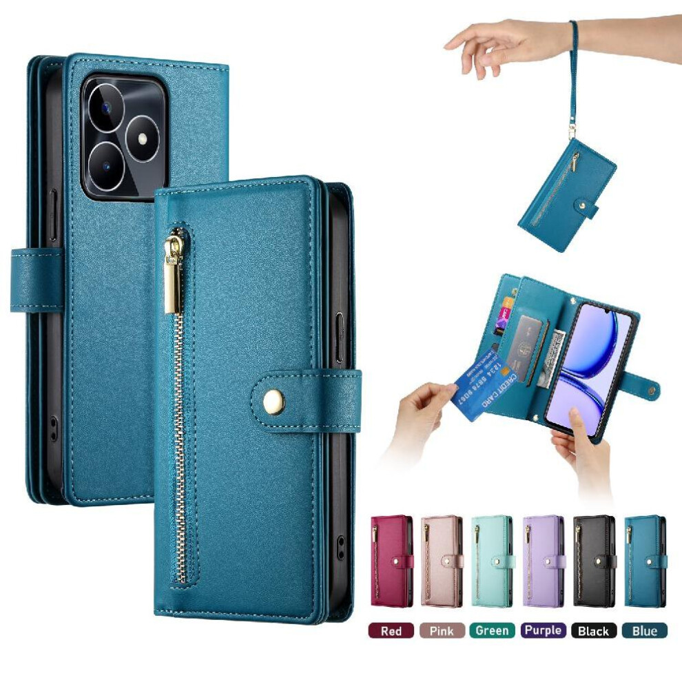 (Blue) Flip Case For Realme C53 Wallet Compartment Kickstand Wrist Strap Multifunctional Card Slots Blue 764762773953