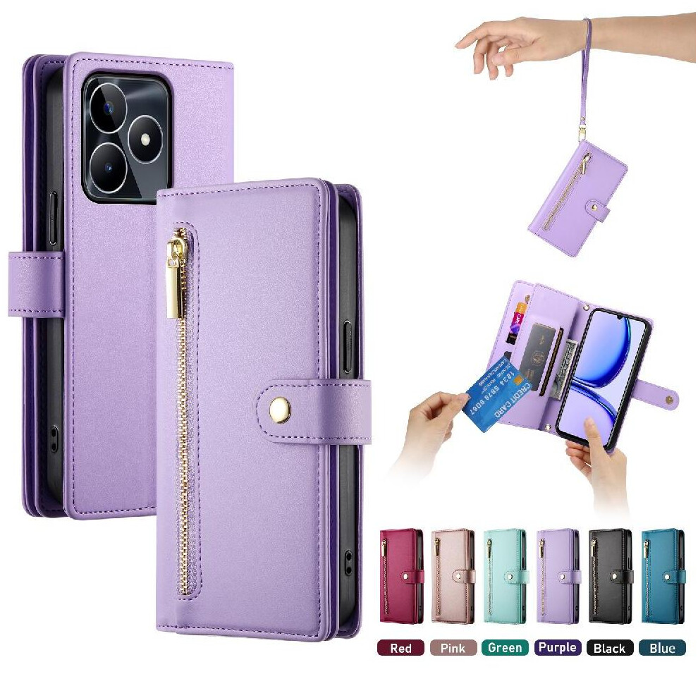(Purple) Flip Case For Realme C53 Wallet Compartment Kickstand Wrist Strap Multifunctional Card Slots Purple 764762773939