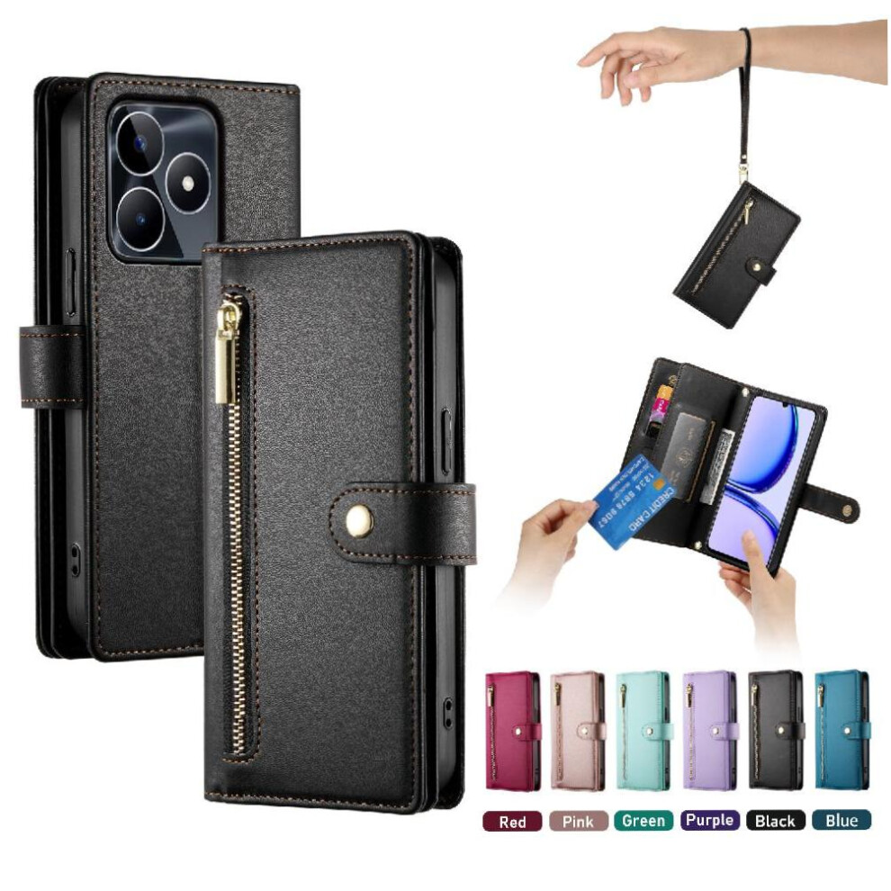 (Black) Flip Case For Realme C53 Wallet Compartment Kickstand Wrist Strap Multifunctional Card Slots Black 764762773946