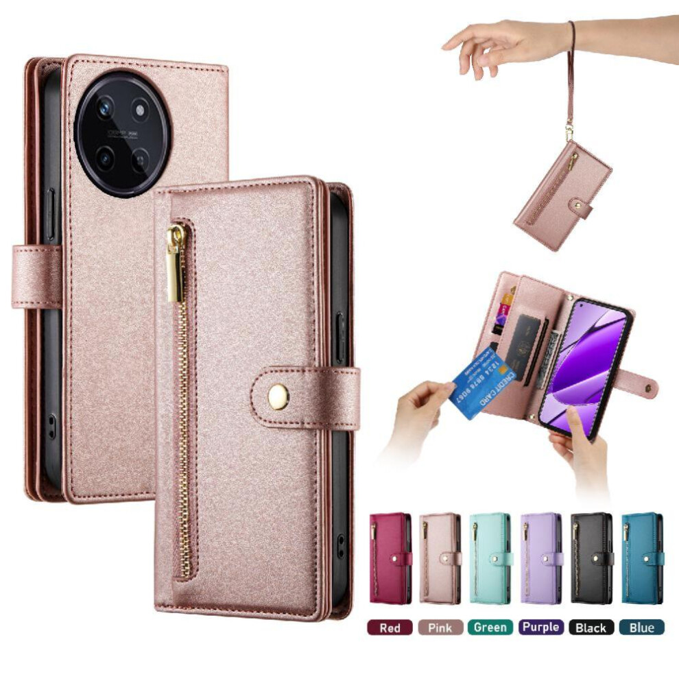 (Pink) Flip Case For Realme 11 4G Multifunctional Card Slots Kickstand Wallet Compartment Wrist Strap Pink 764762774219