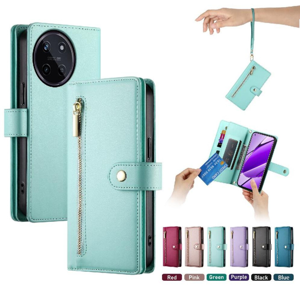 (Green) Flip Case For Realme 11 4G Multifunctional Card Slots Kickstand Wallet Compartment Wrist Strap Green 764762774226