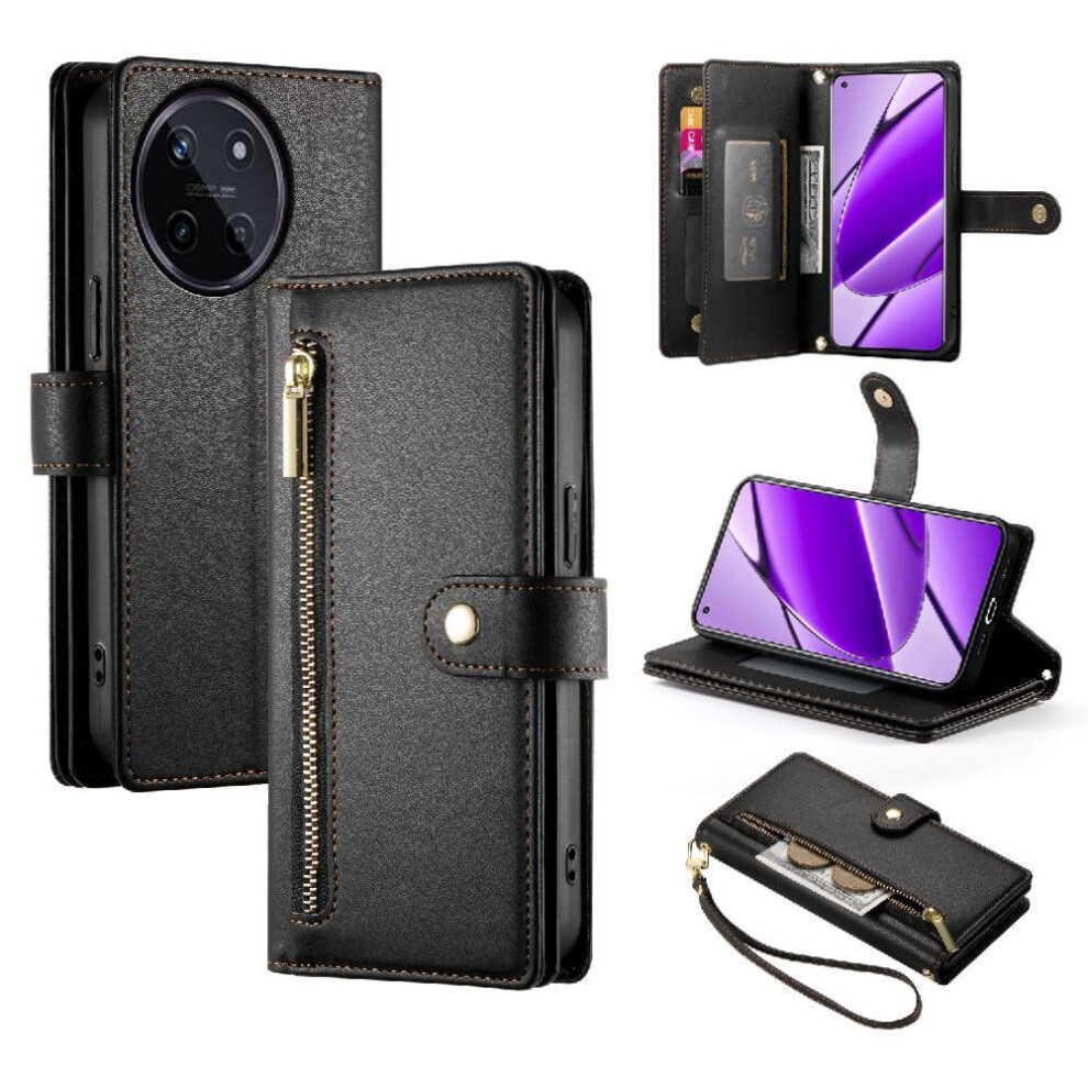 (Black) Flip Case For Realme 11 4G Multifunctional Card Slots Kickstand Wallet Compartment Wrist Strap Black 764762774240