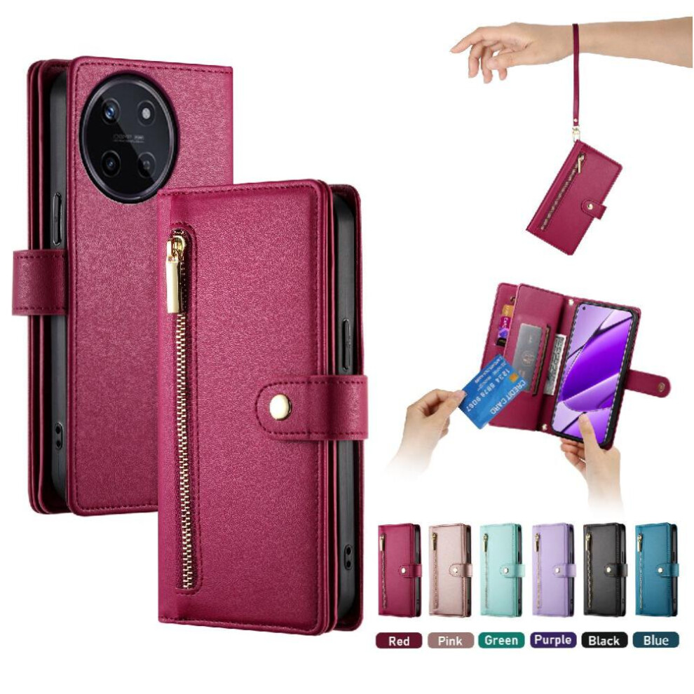 (Red) Flip Case For Realme 11 4G Multifunctional Card Slots Kickstand Wallet Compartment Wrist Strap Red 764762774202