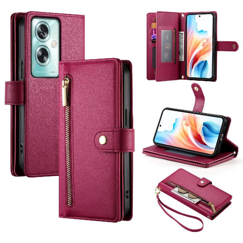 (Red) Flip Case For Oppo A79 5G Wallet Compartment Wrist Strap Multifunctional Card Slots Kickstand Red 764762774622