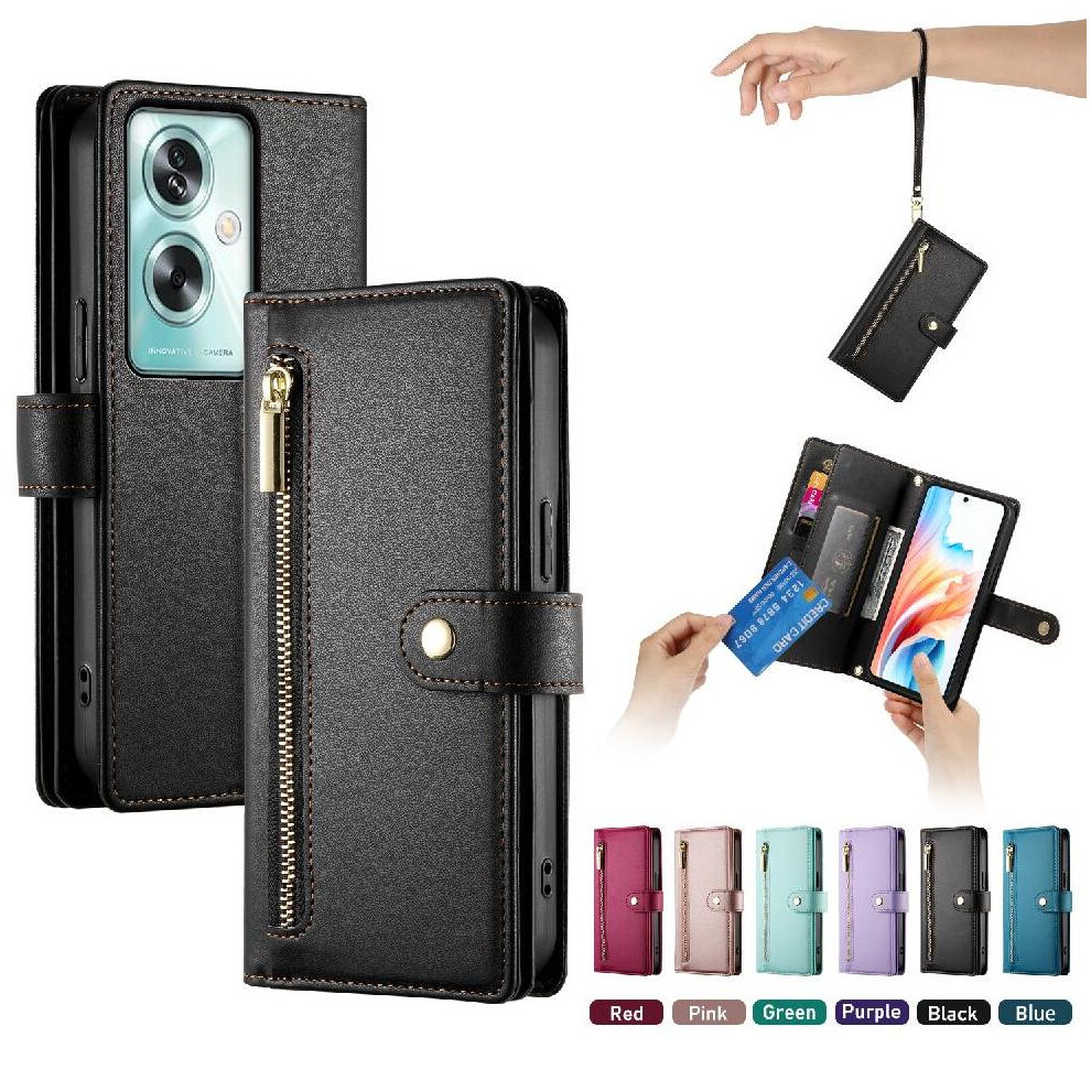 (Black) Flip Case For Oppo A79 5G Wallet Compartment Wrist Strap Multifunctional Card Slots Kickstand Black 764762774660