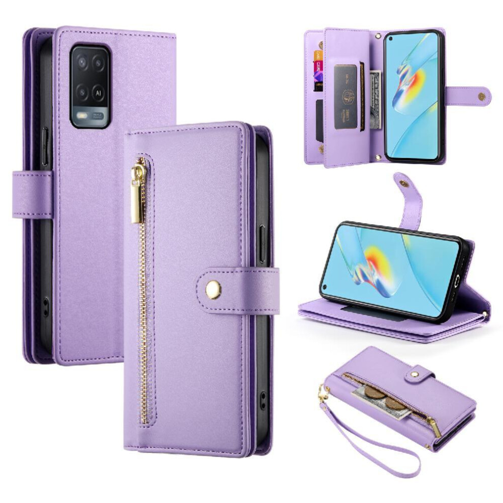 (Purple) Flip Case For Oppo A55s 5G/A53s 5G Kickstand Multifunctional Card Slots Wallet Compartment Wrist Strap Purple 764762774950