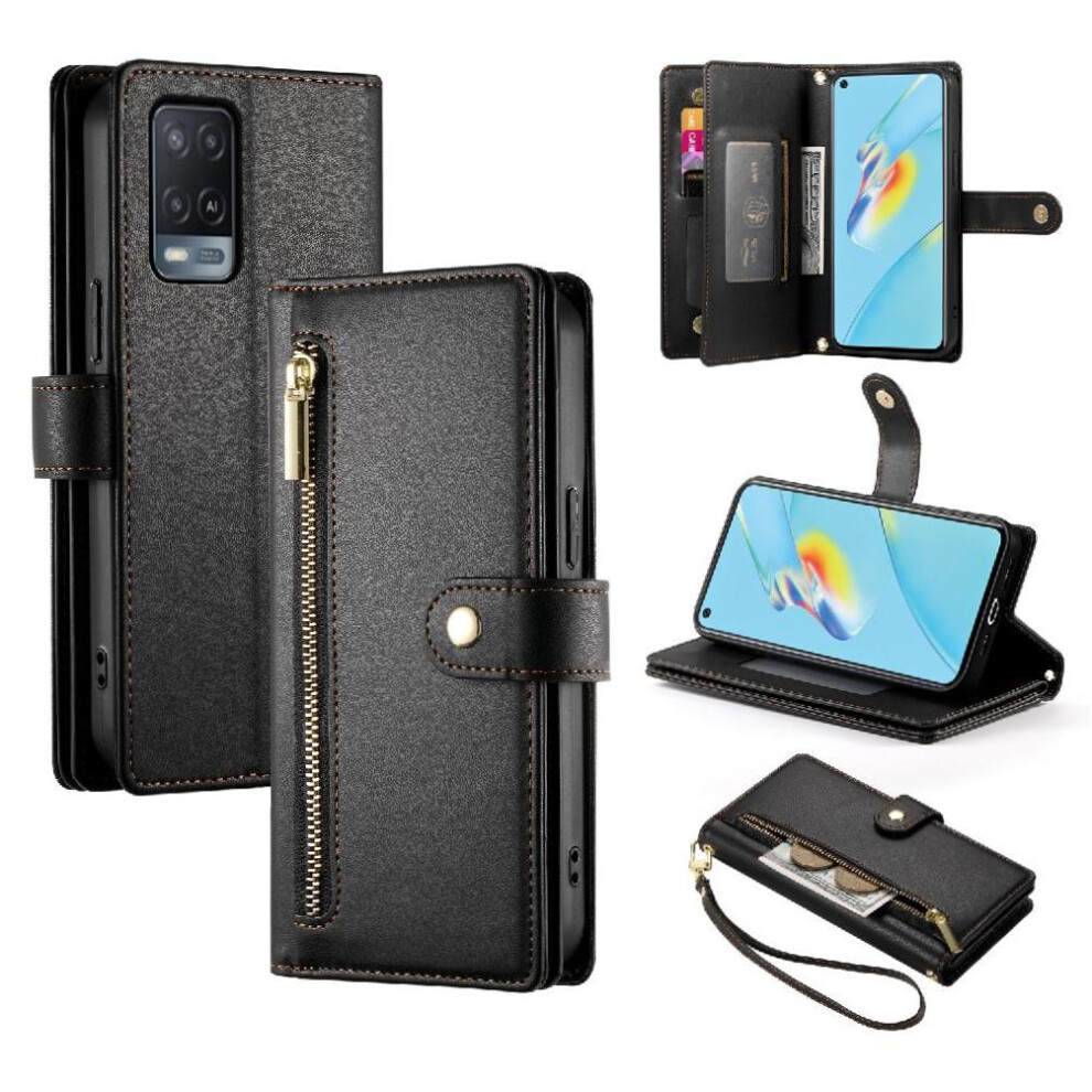 (Black) Flip Case For Oppo A55s 5G/A53s 5G Kickstand Multifunctional Card Slots Wallet Compartment Wrist Strap Black 764762774967