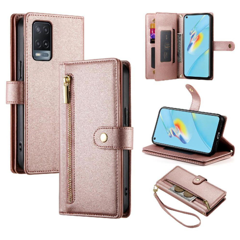 (Pink) Flip Case For Oppo A55s 5G/A53s 5G Kickstand Multifunctional Card Slots Wallet Compartment Wrist Strap Pink 764762774936