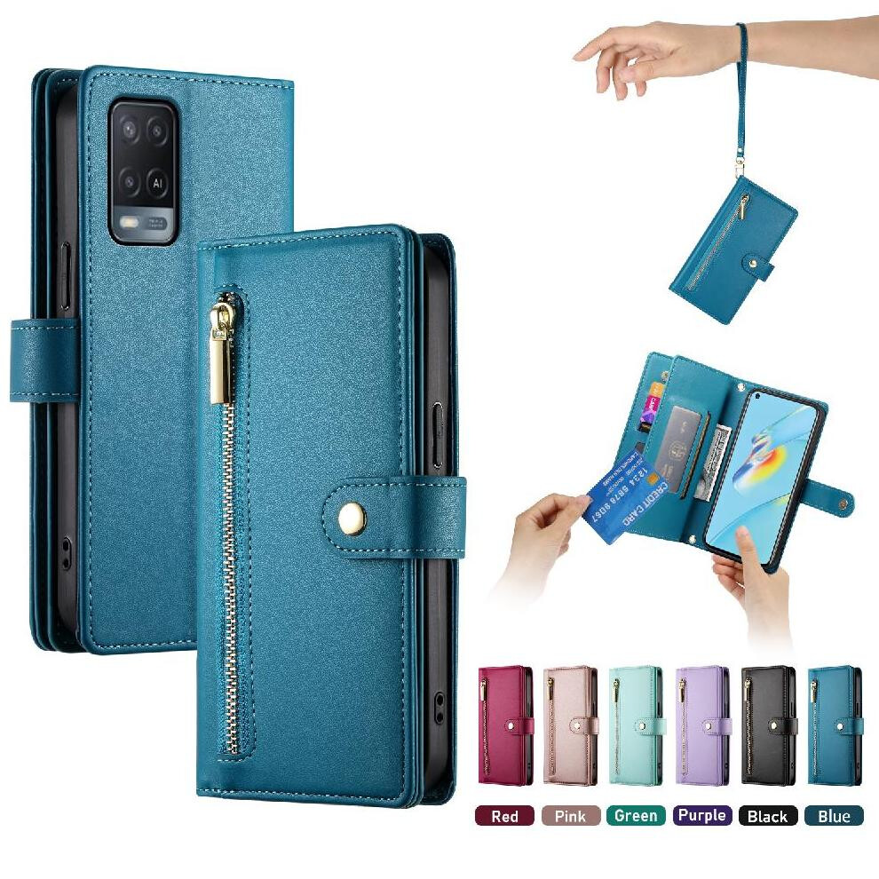 (Blue) Flip Case For Oppo A55s 5G/A53s 5G Kickstand Multifunctional Card Slots Wallet Compartment Wrist Strap Blue 764762774974