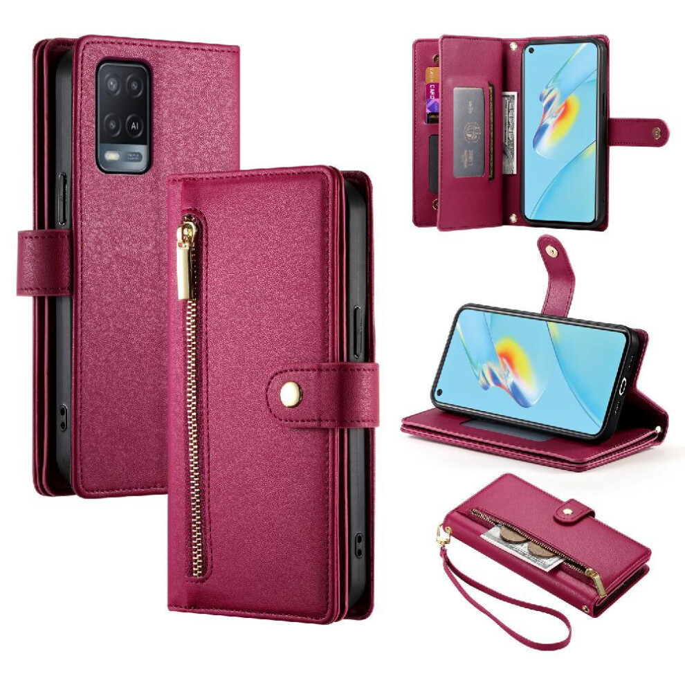 (Red) Flip Case For Oppo A55s 5G/A53s 5G Kickstand Multifunctional Card Slots Wallet Compartment Wrist Strap Red 764762774929