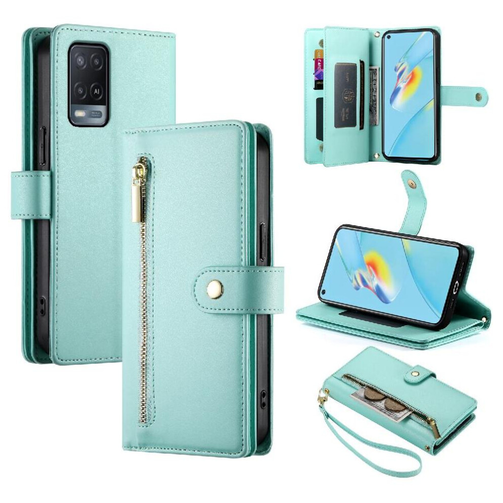 (Green) Flip Case For Oppo A55s 5G/A53s 5G Kickstand Multifunctional Card Slots Wallet Compartment Wrist Strap Green 764762774943