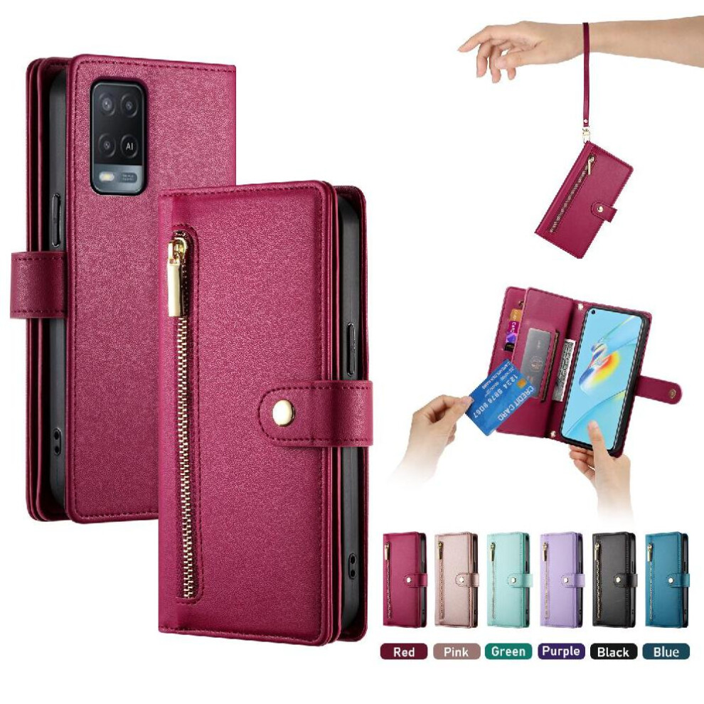 (Red) Flip Case For Oppo A55 5G Wrist Strap Kickstand Multifunctional Card Slots Wallet Compartment Red 764762774981
