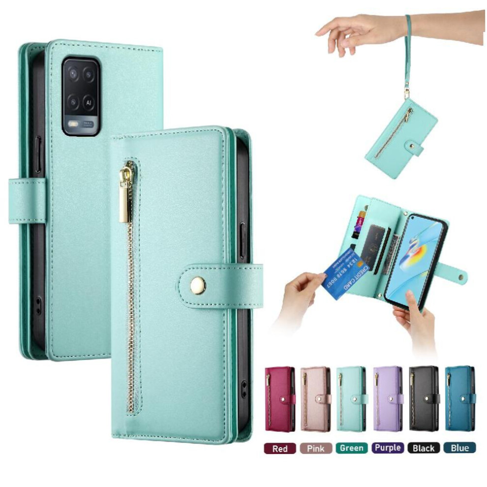 (Green) Flip Case For Oppo A55 5G Wrist Strap Kickstand Multifunctional Card Slots Wallet Compartment Green 764762775001