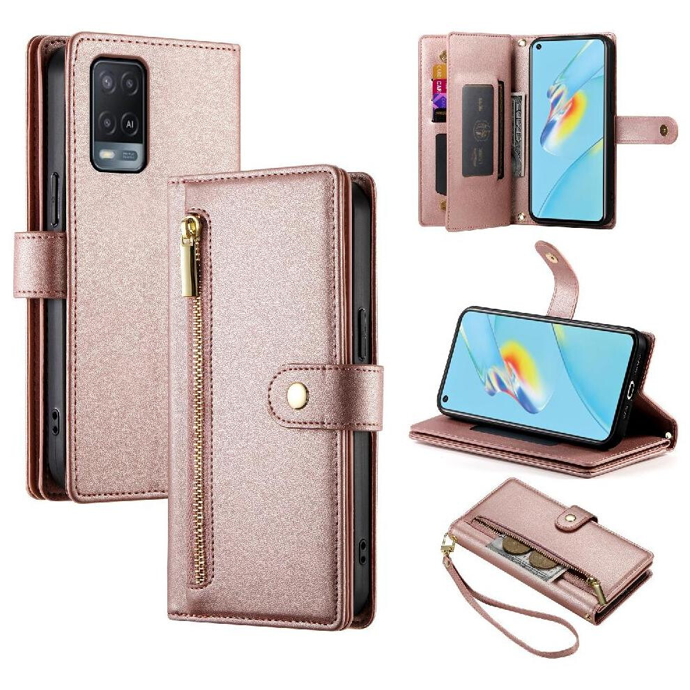 (Pink) Flip Case For Oppo A55 5G Wrist Strap Kickstand Multifunctional Card Slots Wallet Compartment Pink 764762774998