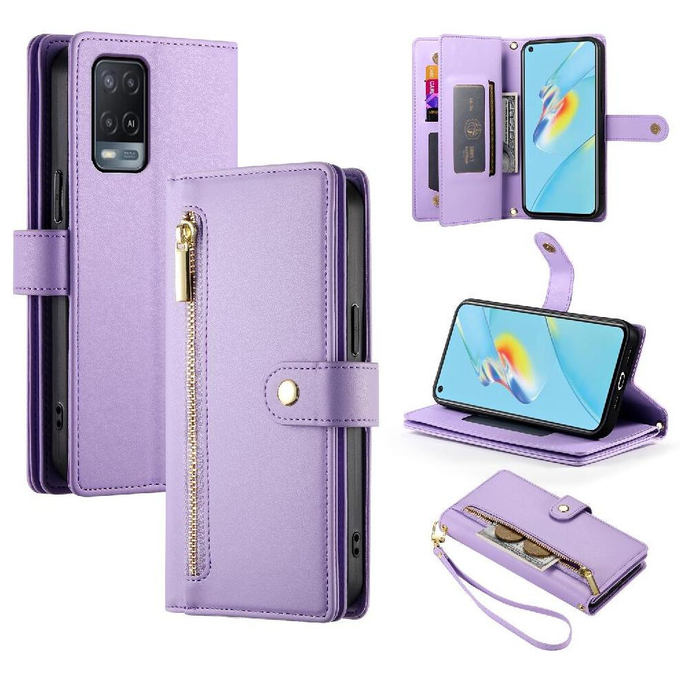 (Purple) Flip Case For Oppo A55 5G Wrist Strap Kickstand Multifunctional Card Slots Wallet Compartment Purple 764762775018