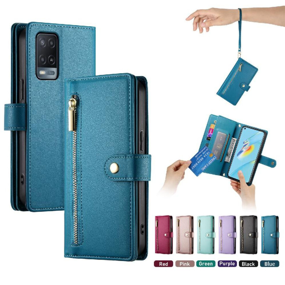 (Blue) Flip Case For Oppo A54 4G Wrist Strap Multifunctional Card Slots Kickstand Wallet Compartment Blue 764762775094