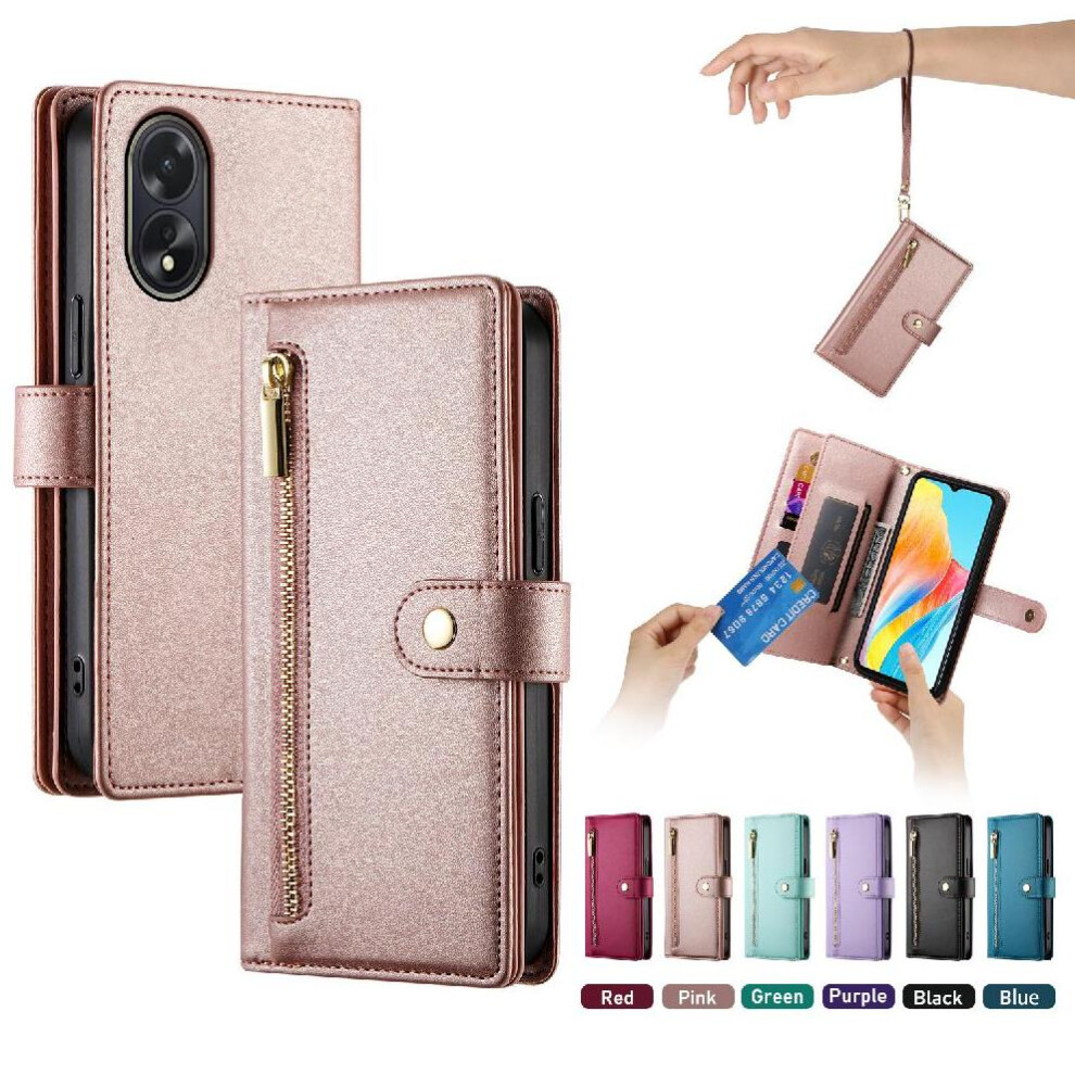 (Pink) Flip Case For Oppo A38/A18 Wallet Compartment Wrist Strap Multifunctional Card Slots Kickstand Pink 764762775117