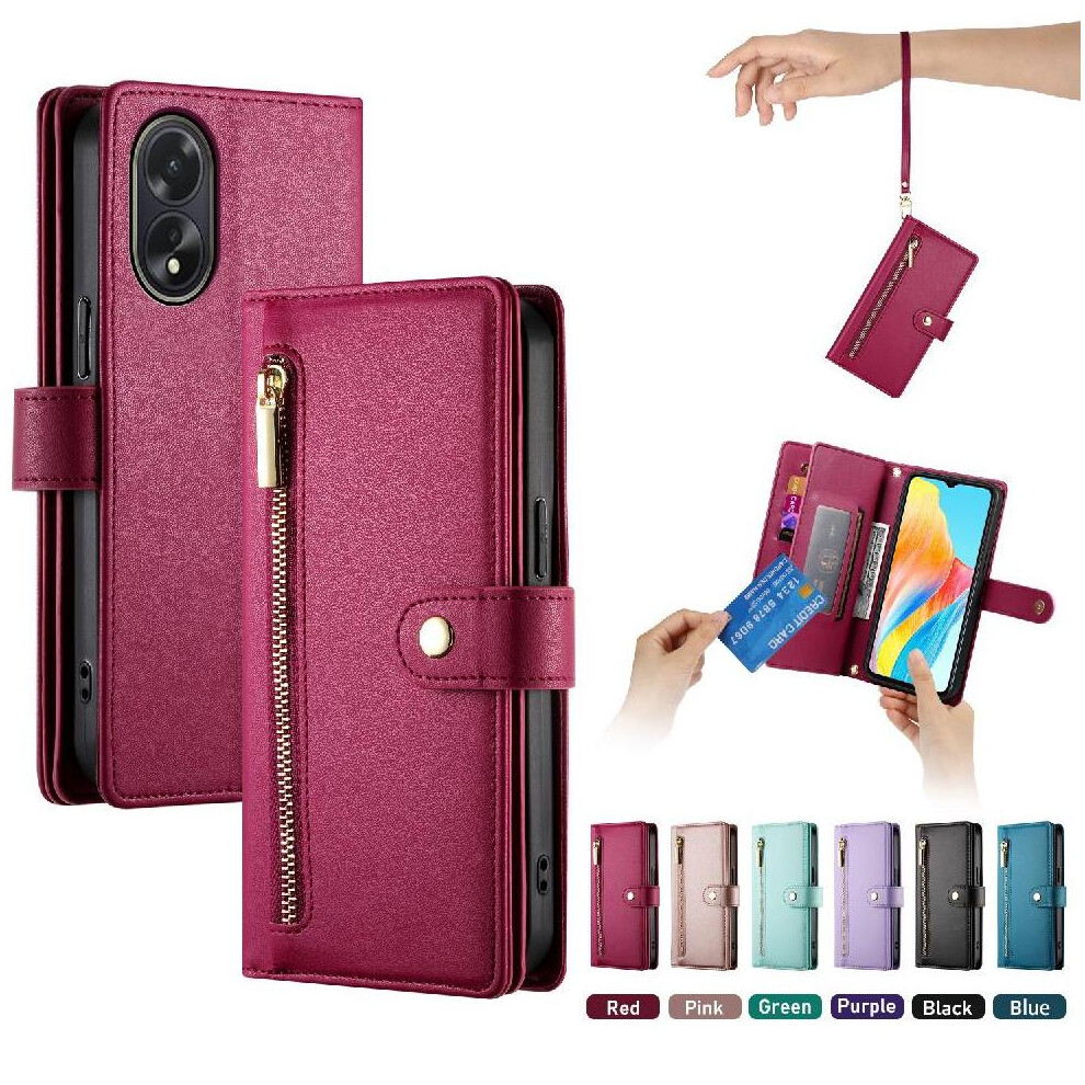 (Red) Flip Case For Oppo A38/A18 Wallet Compartment Wrist Strap Multifunctional Card Slots Kickstand Red 764762775100