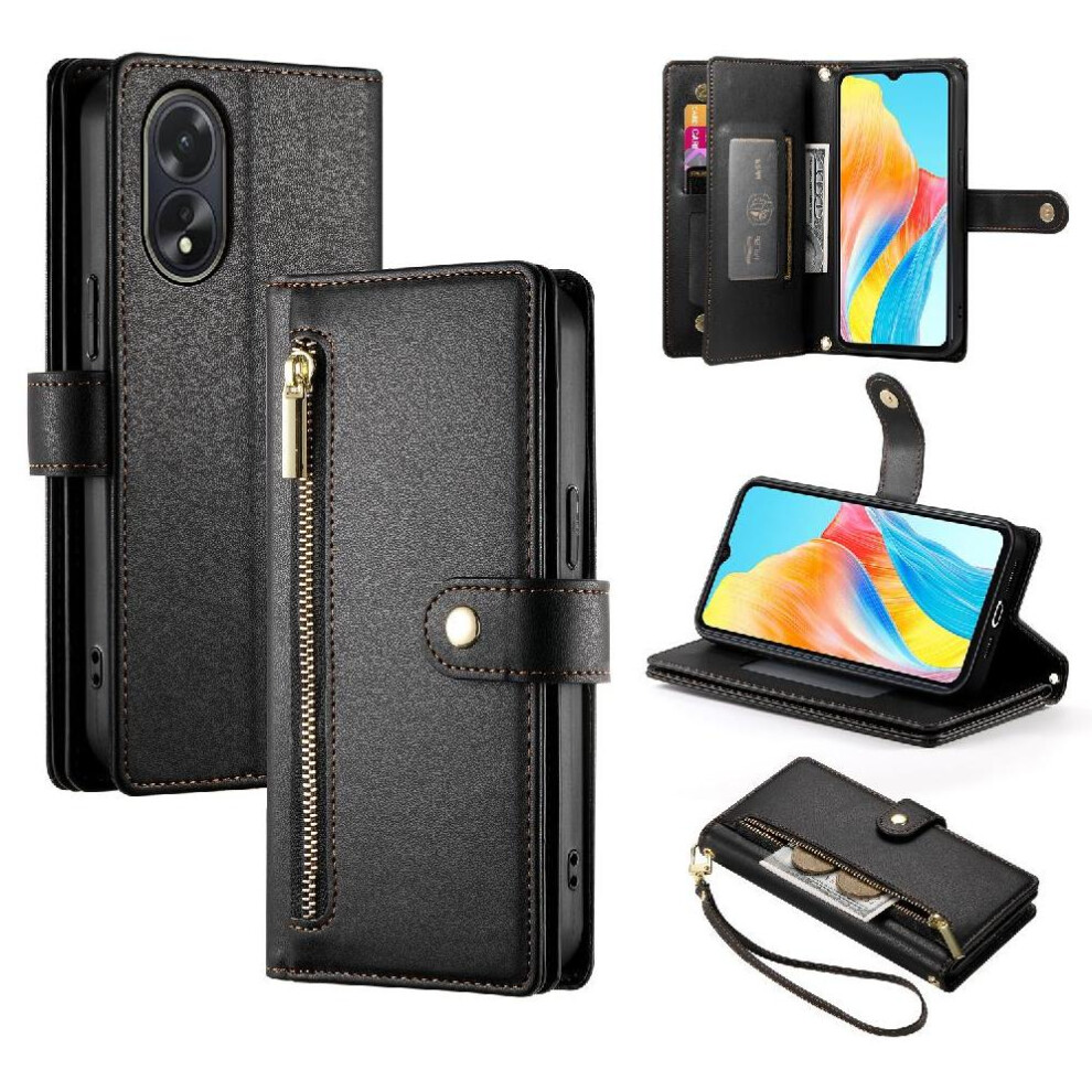 (Black) Flip Case For Oppo A38/A18 Wallet Compartment Wrist Strap Multifunctional Card Slots Kickstand Black 764762775148