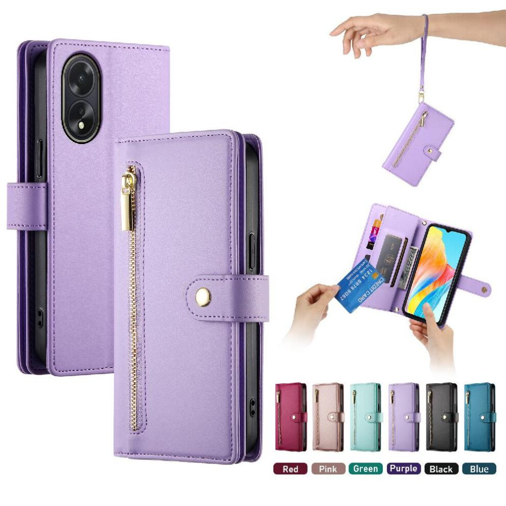 (Purple) Flip Case For Oppo A38/A18 Wallet Compartment Wrist Strap Multifunctional Card Slots Kickstand Purple 764762775131