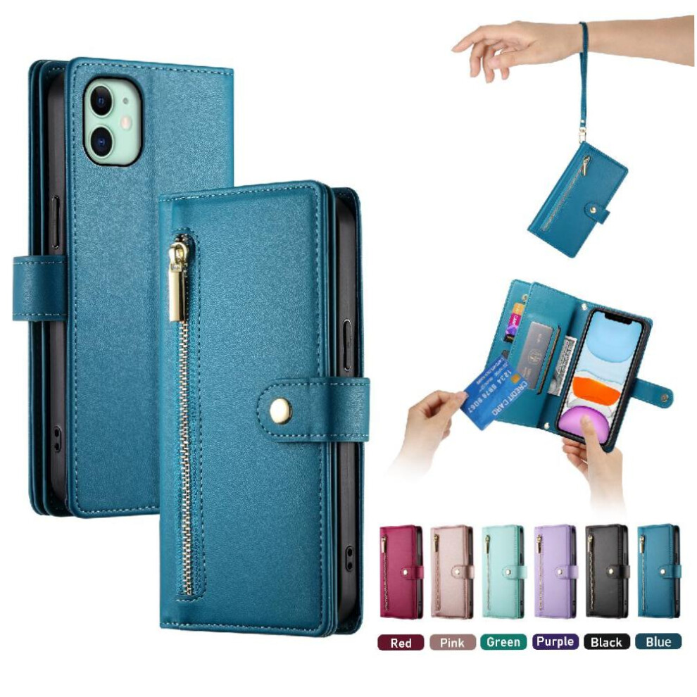 (Blue) Flip Case For Iphone 11 Wallet Compartment Wrist Strap Kickstand Multifunctional Card Slots Blue 764762775391