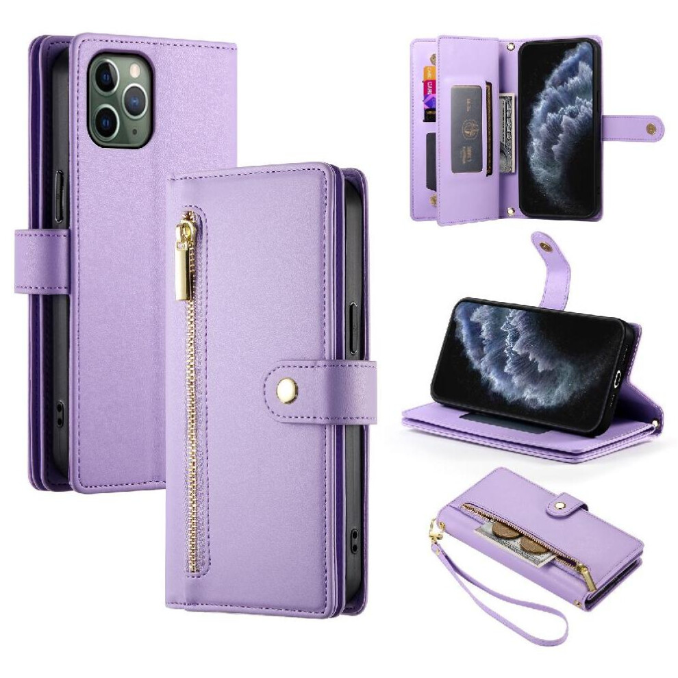 (Purple) Flip Case For Iphone 11 Pro Kickstand Multifunctional Card Slots Wrist Strap Wallet Compartment Purple 764762775438