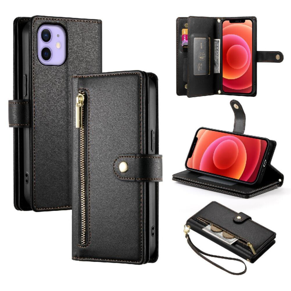 (Black) Flip Case For Iphone 12 Kickstand Wallet Compartment Wrist Strap Multifunctional Card Slots Black 764762775629