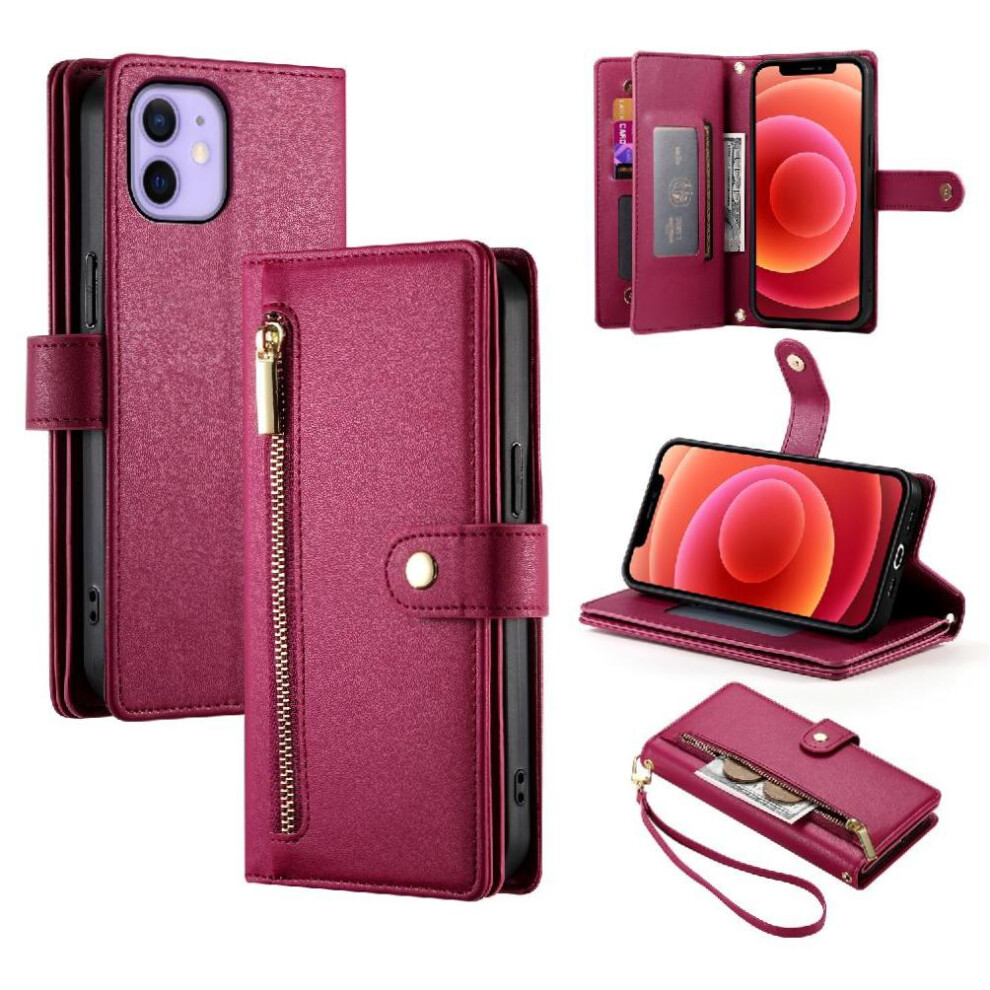(Red) Flip Case For Iphone 12 Kickstand Wallet Compartment Wrist Strap Multifunctional Card Slots Red 764762775582