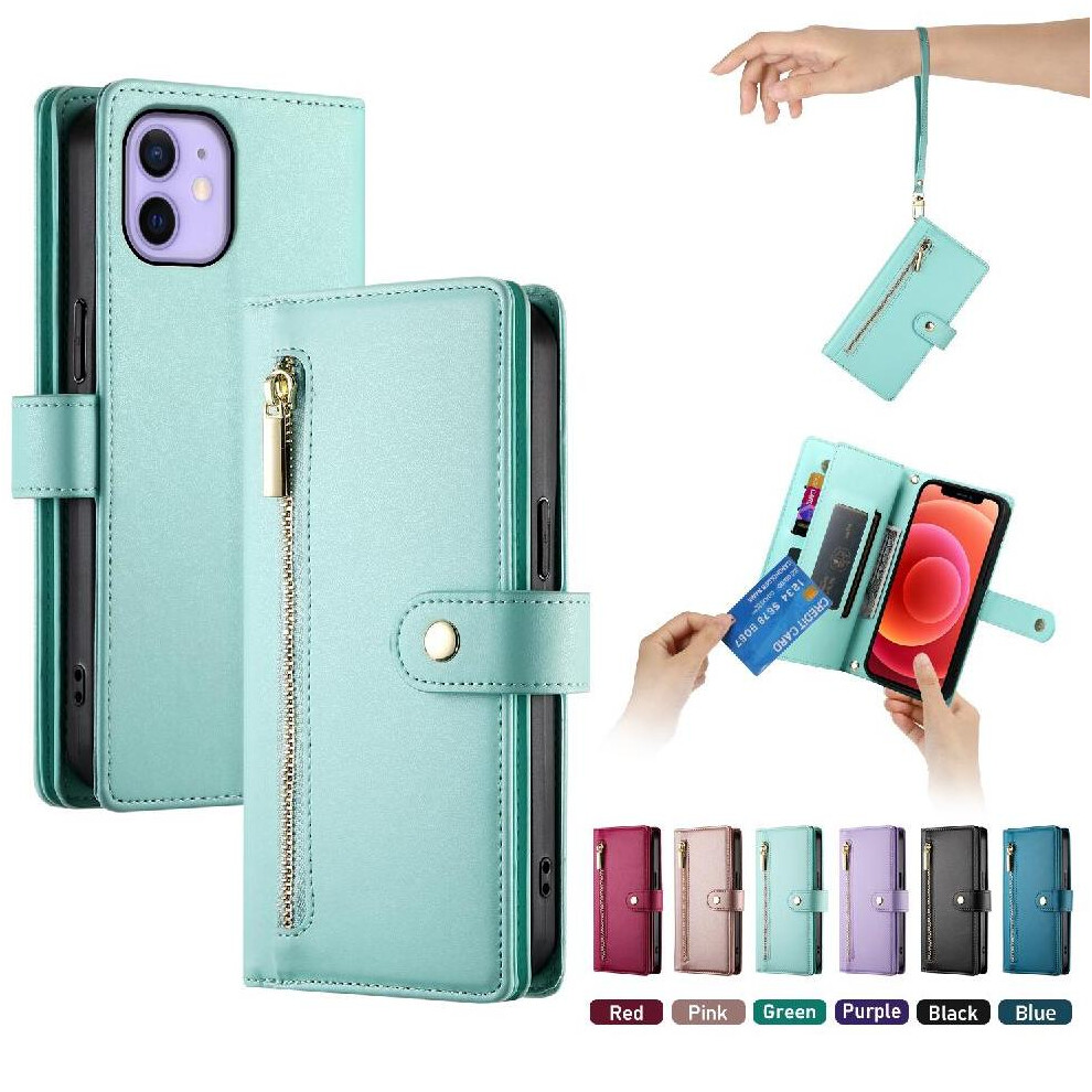 (Green) Flip Case For Iphone 12 Kickstand Wallet Compartment Wrist Strap Multifunctional Card Slots Green 764762775605