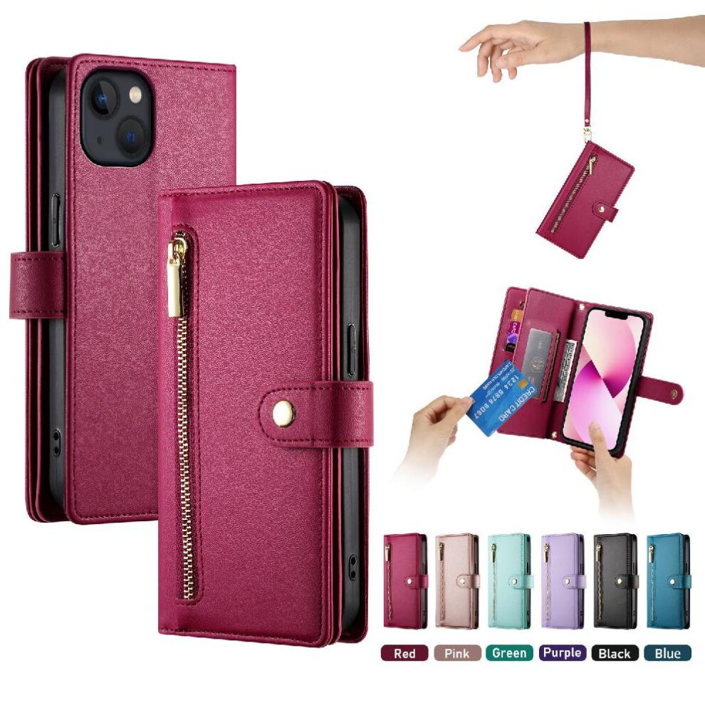 (Red) Flip Case For Iphone 13 Wallet Compartment Wrist Strap Kickstand Multifunctional Card Slots Red 764762775766