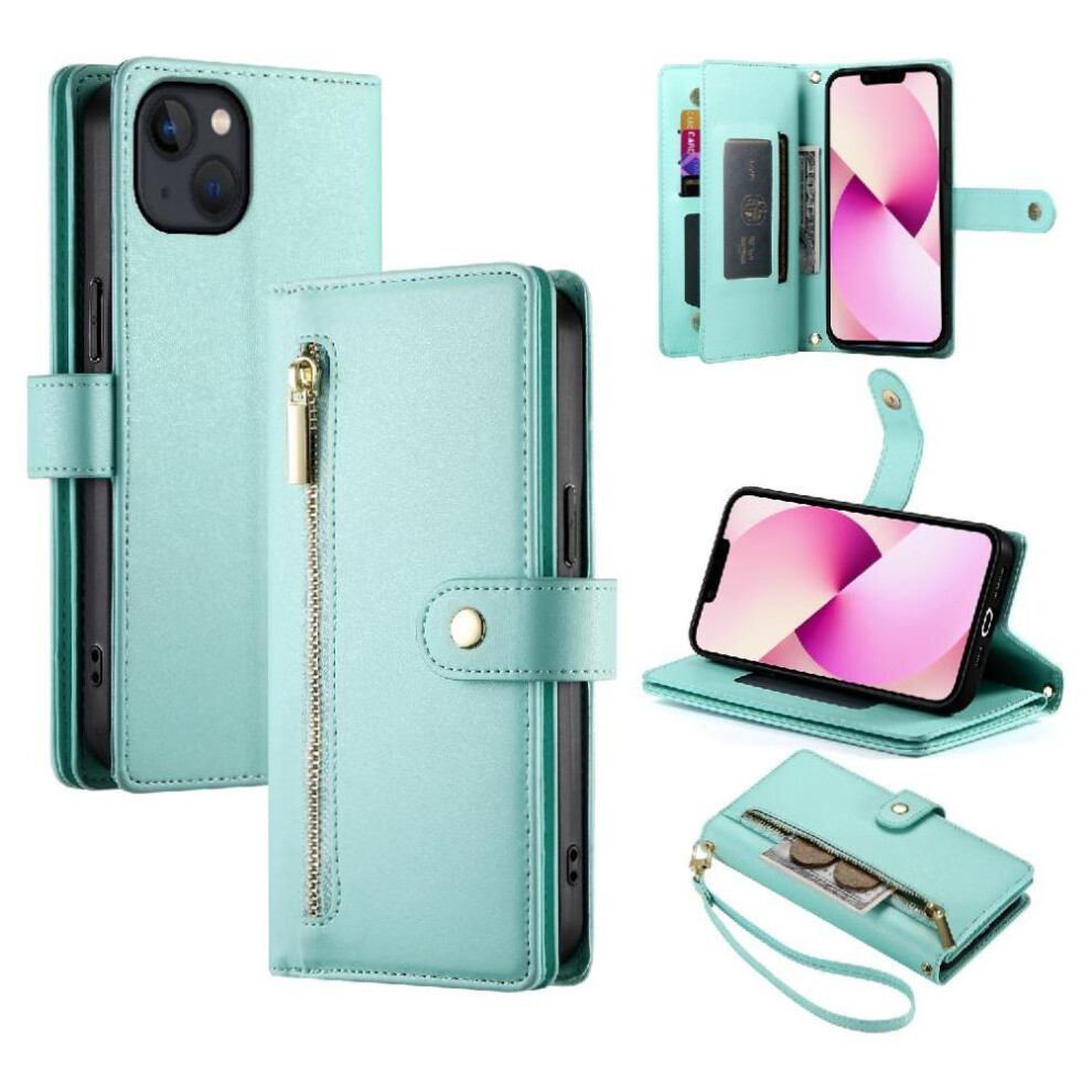 (Green) Flip Case For Iphone 13 Wallet Compartment Wrist Strap Kickstand Multifunctional Card Slots Green 764762775780