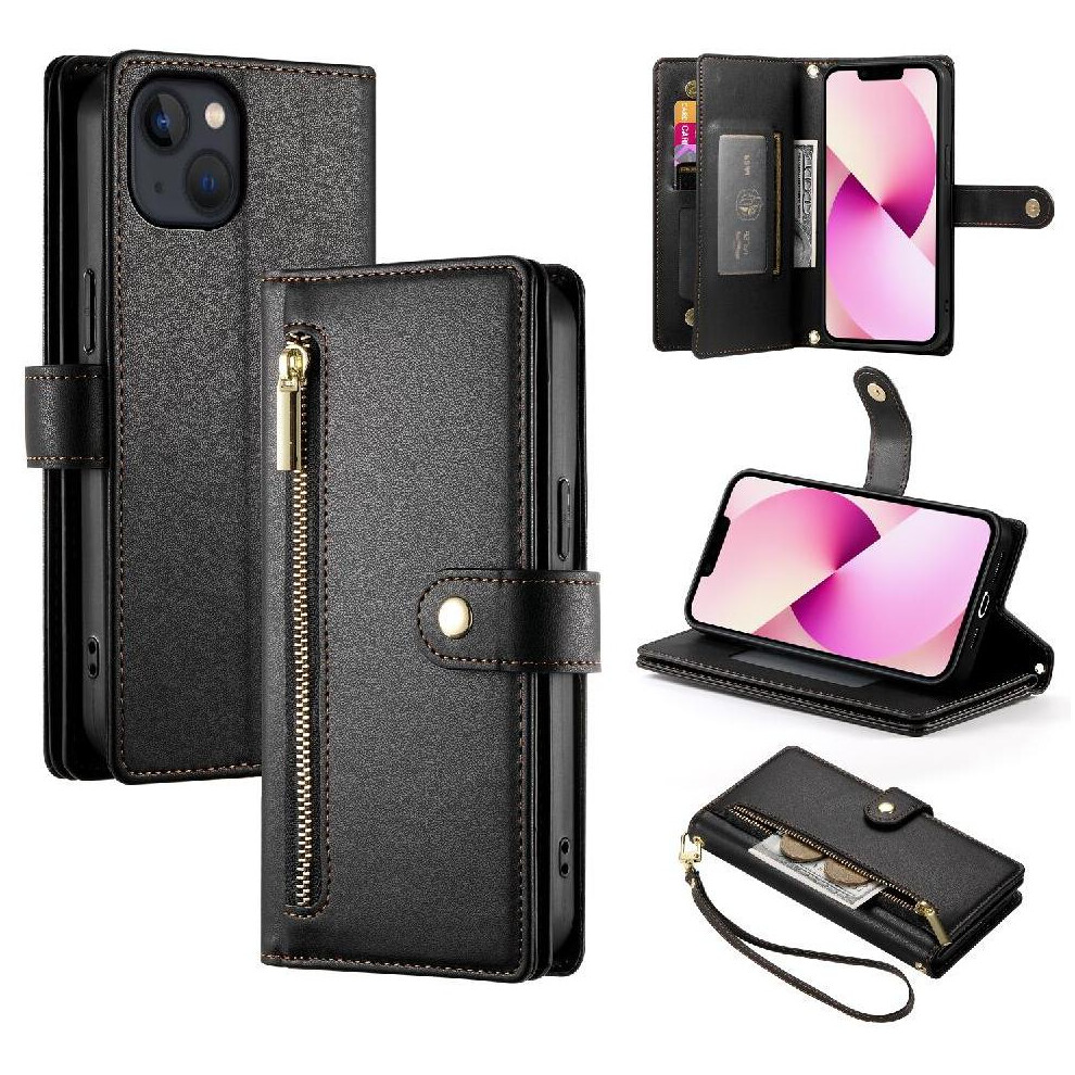 (Black) Flip Case For Iphone 13 Wallet Compartment Wrist Strap Kickstand Multifunctional Card Slots Black 764762775803
