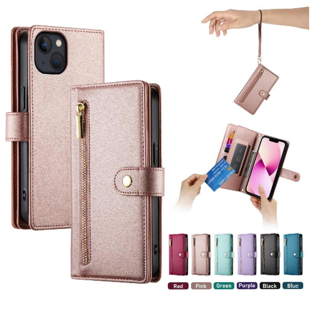 (Pink) Flip Case For Iphone 13 Wallet Compartment Wrist Strap Kickstand Multifunctional Card Slots Pink 764762775773