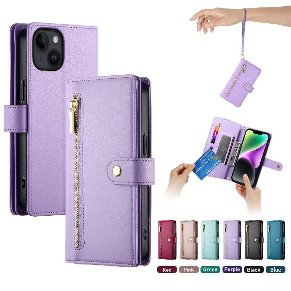 (Purple) Flip Case For Iphone 14 Wallet Compartment Multifunctional Card Slots Kickstand Wrist Strap Purple 764762775995