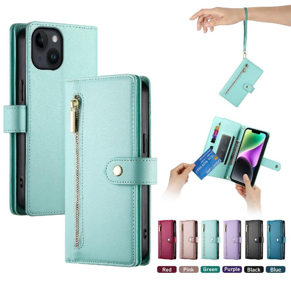 (Green) Flip Case For Iphone 14 Wallet Compartment Multifunctional Card Slots Kickstand Wrist Strap Green 764762775988