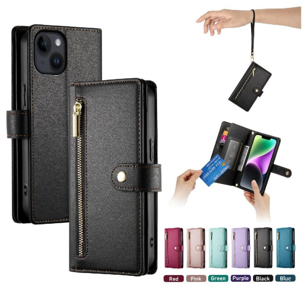 (Black) Flip Case For Iphone 14 Wallet Compartment Multifunctional Card Slots Kickstand Wrist Strap Black 764762776008