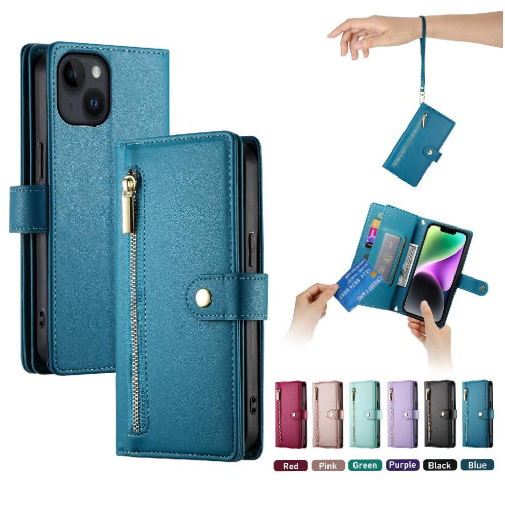 (Blue) Flip Case For Iphone 14 Wallet Compartment Multifunctional Card Slots Kickstand Wrist Strap Blue 764762776015