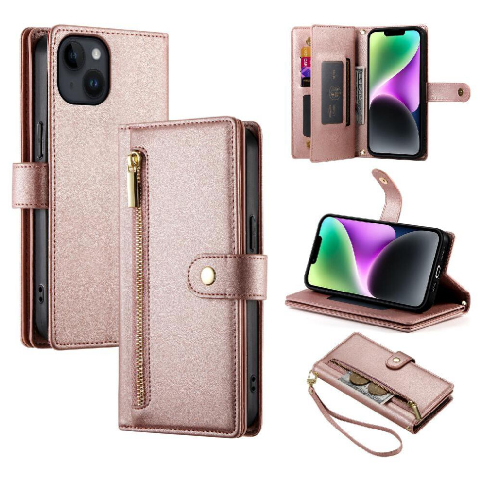 (Pink) Flip Case For Iphone 14 Wallet Compartment Multifunctional Card Slots Kickstand Wrist Strap Pink 764762775971